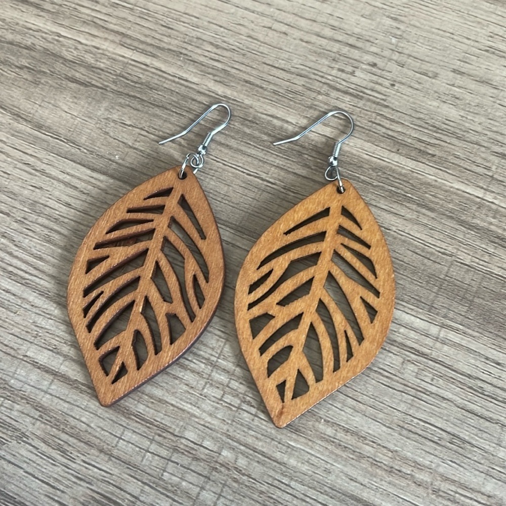 Large Wooden Leaf Boho Earring Set